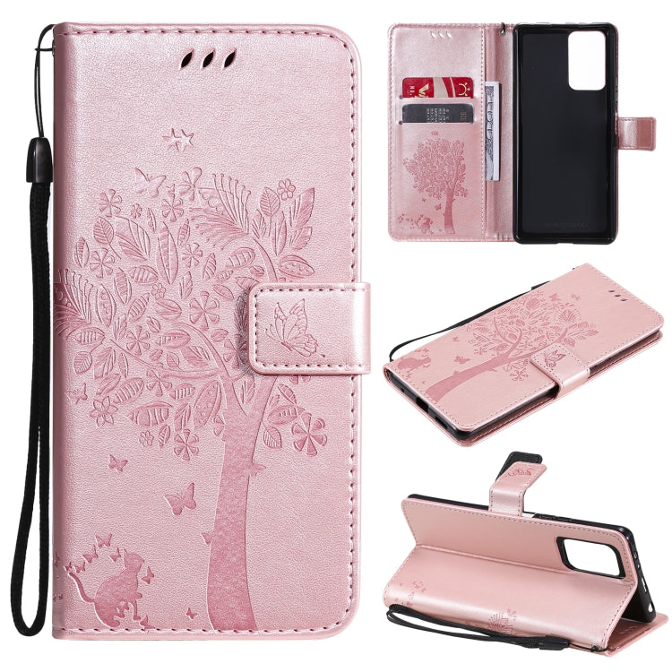 Pink PU leather phone wallet case with cat-and-tree pattern, card slots, stand, strap