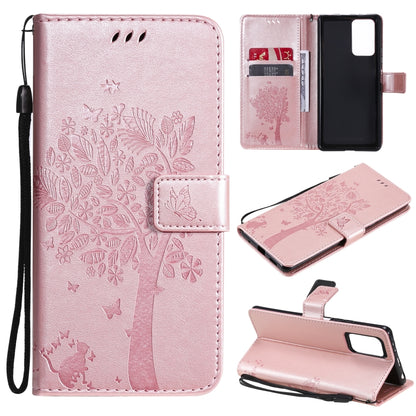 Pink PU leather phone wallet case with cat-and-tree pattern, card slots, stand, strap