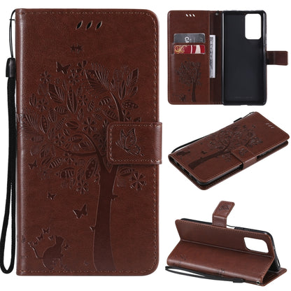 Brown PU leather phone wallet case with cat-and-tree pattern, card slots, stand, strap