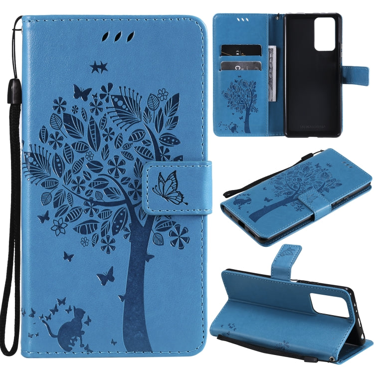 Blue PU leather phone wallet case with cat-and-tree pattern, card slots, stand, strap