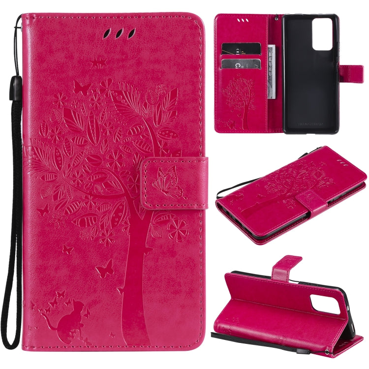 Magenta PU leather phone wallet case with cat-and-tree pattern, card slots, stand, strap