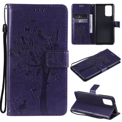 Dark purple PU leather phone wallet case with cat-and-tree pattern, card slots, stand, strap