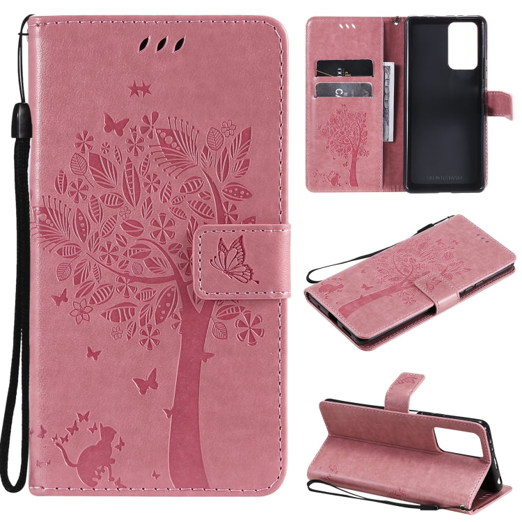 Light pink PU leather phone wallet case with cat-and-tree pattern, card slots, stand, strap