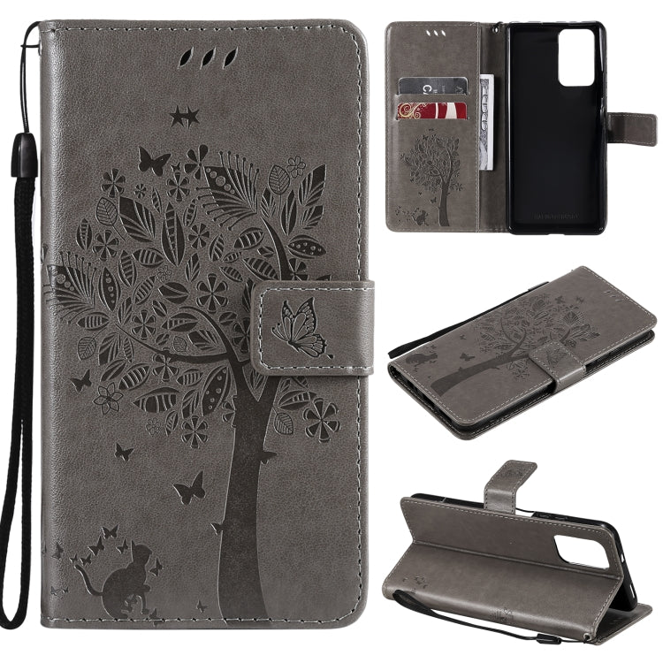 Gray PU leather phone wallet case with cat-and-tree pattern, card slots, stand, strap