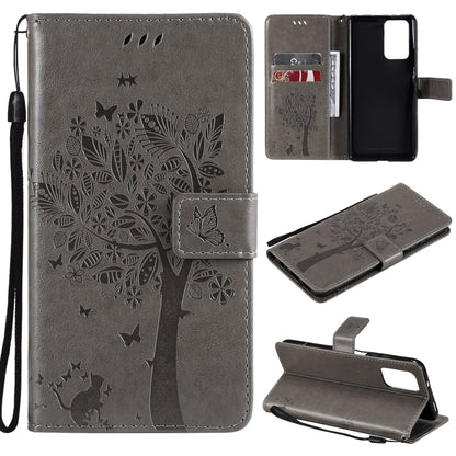 Gray PU leather phone wallet case with cat-and-tree pattern, card slots, stand, strap