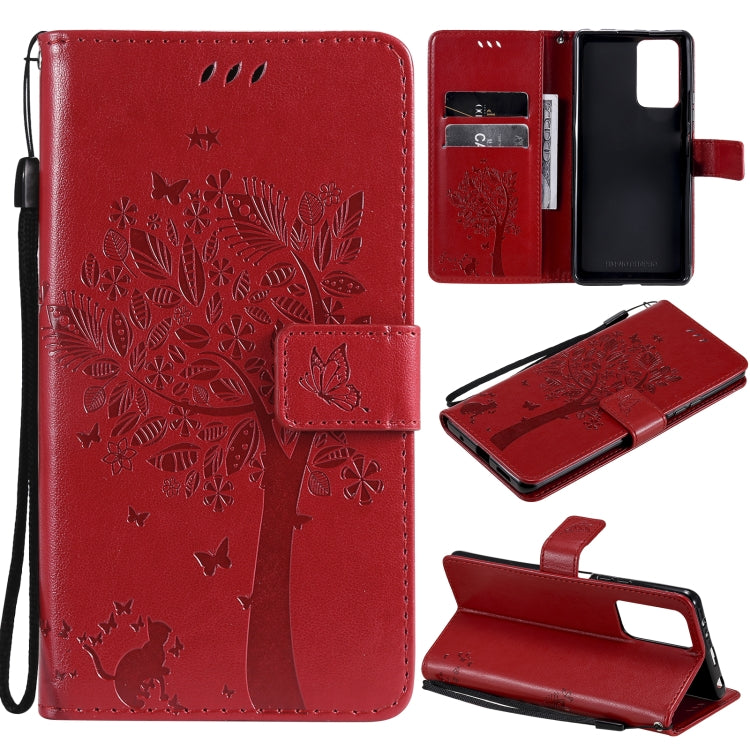 Red PU leather phone wallet case with cat-and-tree pattern, card slots, stand, strap