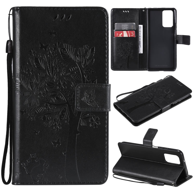 Black PU leather phone wallet case with tree and cat print, card slots, flip cover, strap
