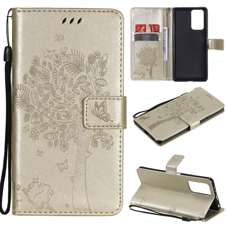 Gold PU leather phone wallet case with floral and tree print, card slots, flip cover, strap