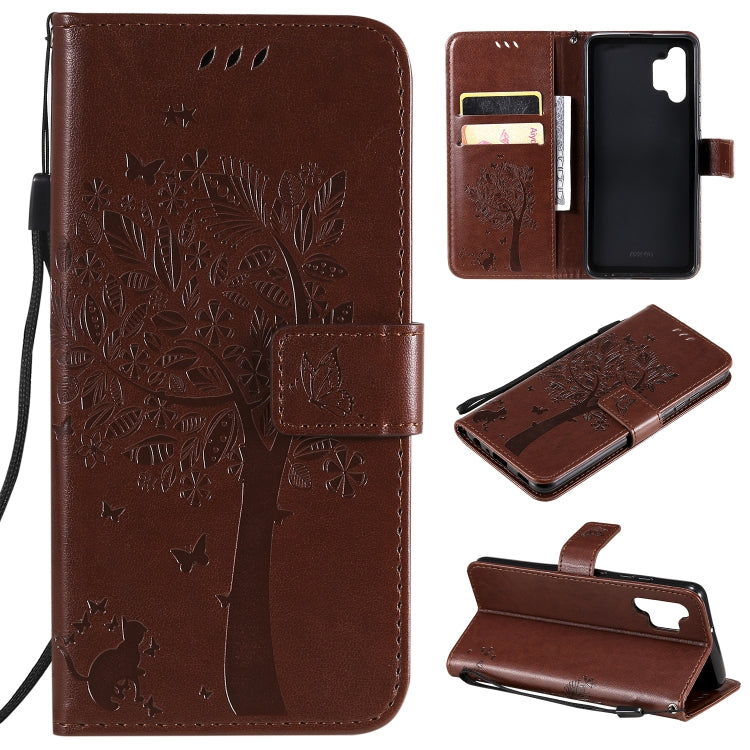Brown PU leather phone wallet case with tree and animal print, card slots, flip cover, strap