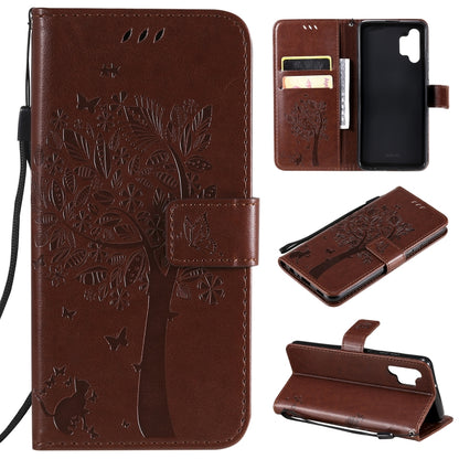 Brown PU leather phone wallet case with tree and animal print, card slots, flip cover, strap