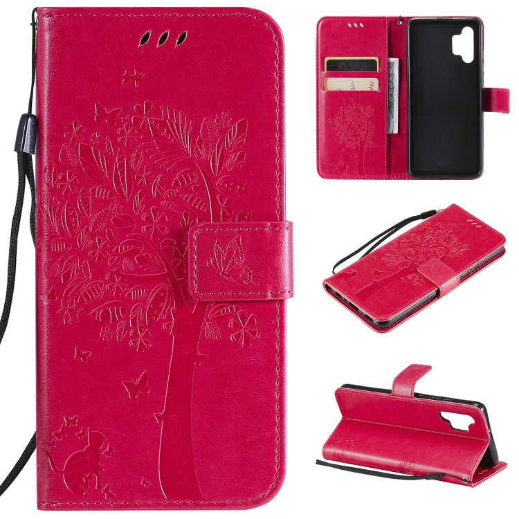 Red PU leather phone wallet case with tree and butterfly print, card slots, flip cover, strap