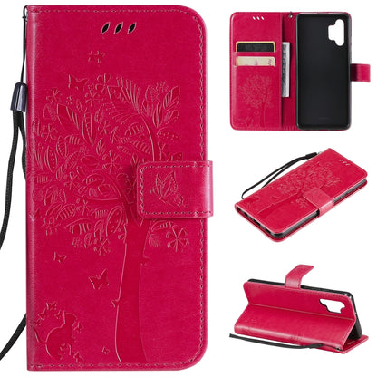 Red PU leather phone wallet case with tree and butterfly print, card slots, flip cover, strap