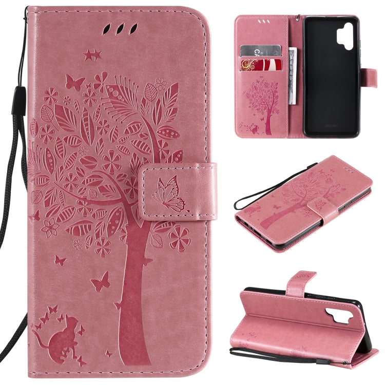 Rose pink PU leather phone wallet case with tree and butterfly print, card slots, flip cover, strap