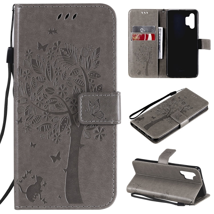 Dark gray PU leather phone wallet case with embossed cat-and-tree pattern, card slots
