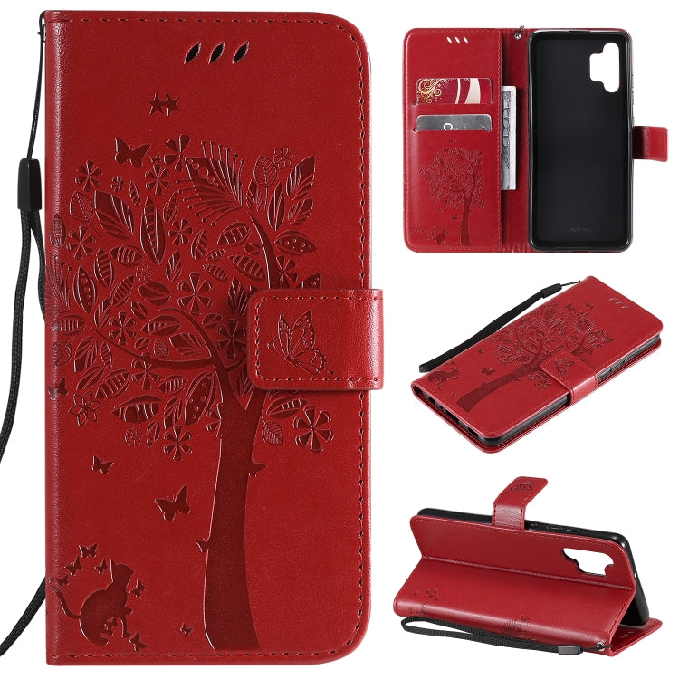 Red PU leather phone wallet case with embossed cat-and-tree pattern, card slots