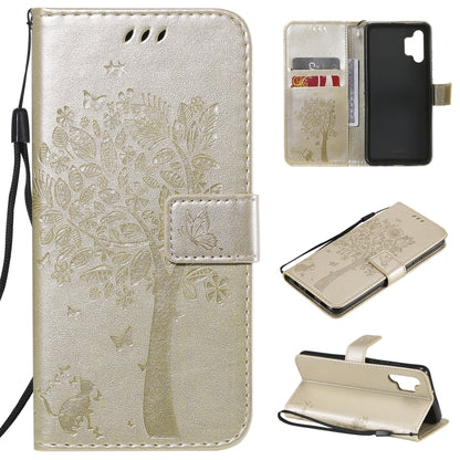 Light gold PU leather phone wallet case with embossed cat-and-tree pattern, card slots