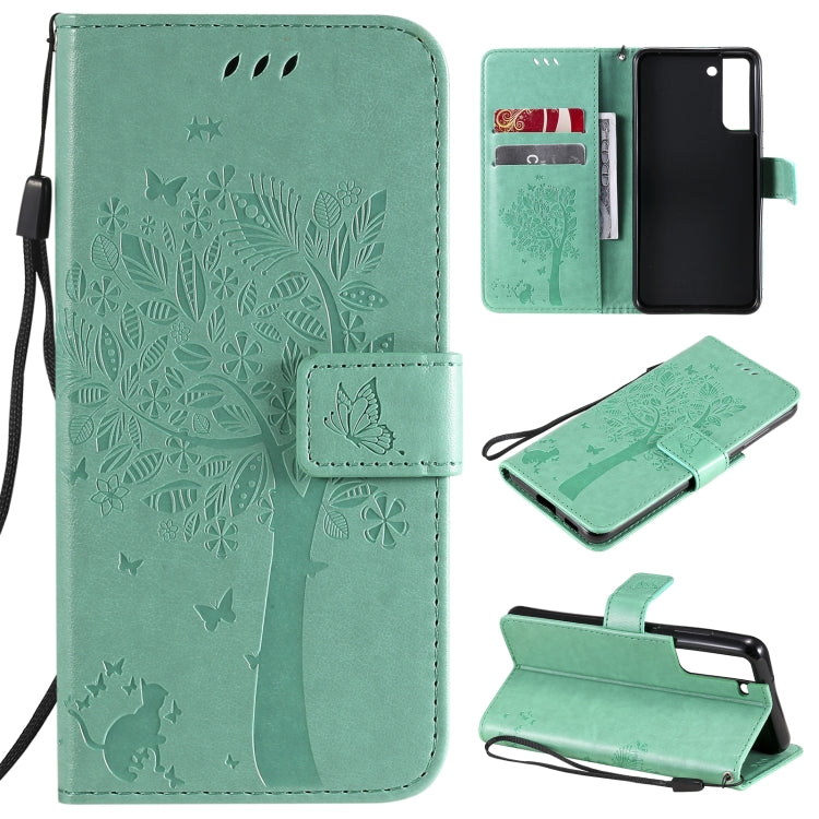 Teal green PU leather phone wallet case with embossed cat-and-tree pattern, card slots