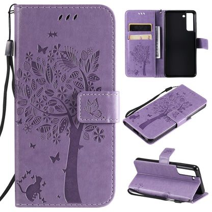Purple PU leather phone wallet case with embossed cat-and-tree pattern, card slots