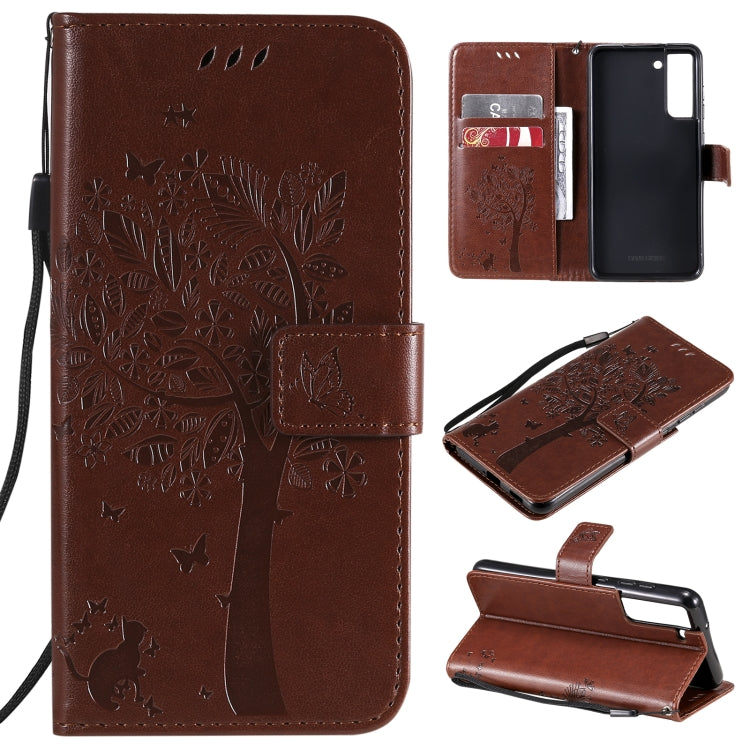 Brown PU leather phone wallet case with embossed cat-and-tree pattern, card slots