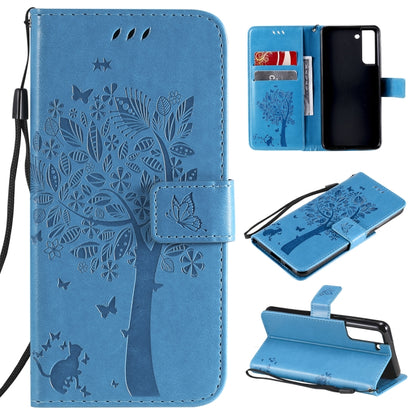 Blue PU leather phone wallet case with embossed cat-and-tree pattern, card slots
