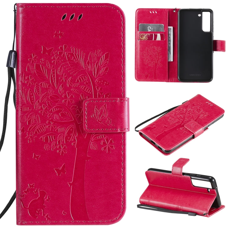 Bright red PU leather phone wallet case with embossed cat-and-tree pattern, card slots