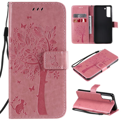 Pink PU leather flip phone wallet case with card slots, lanyard, tree & cat print