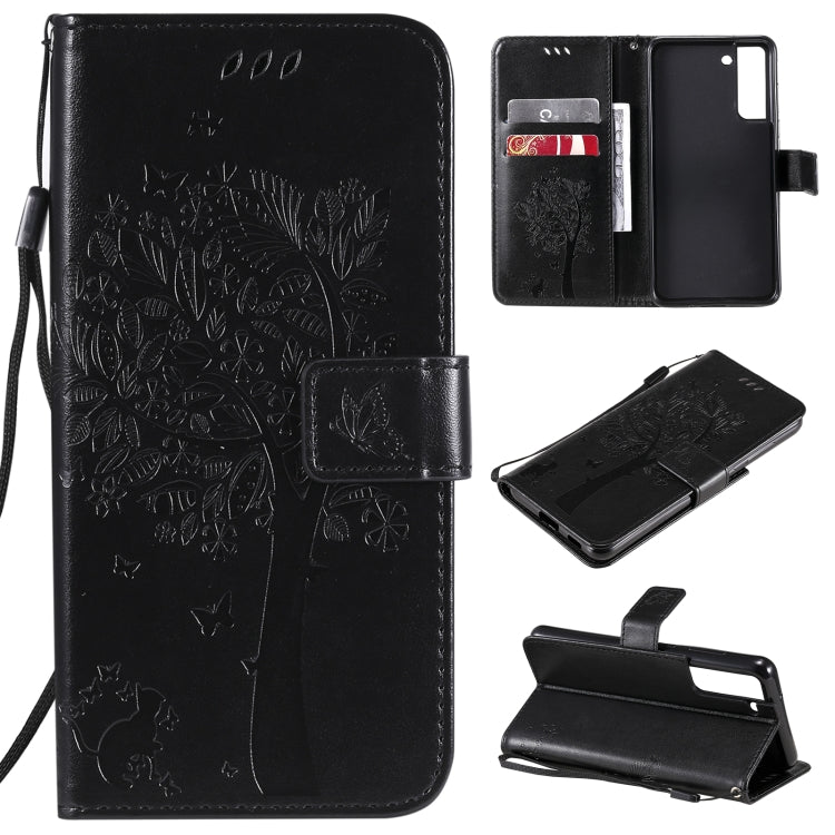 Black PU leather flip phone wallet case with card slots, lanyard, tree & cat print