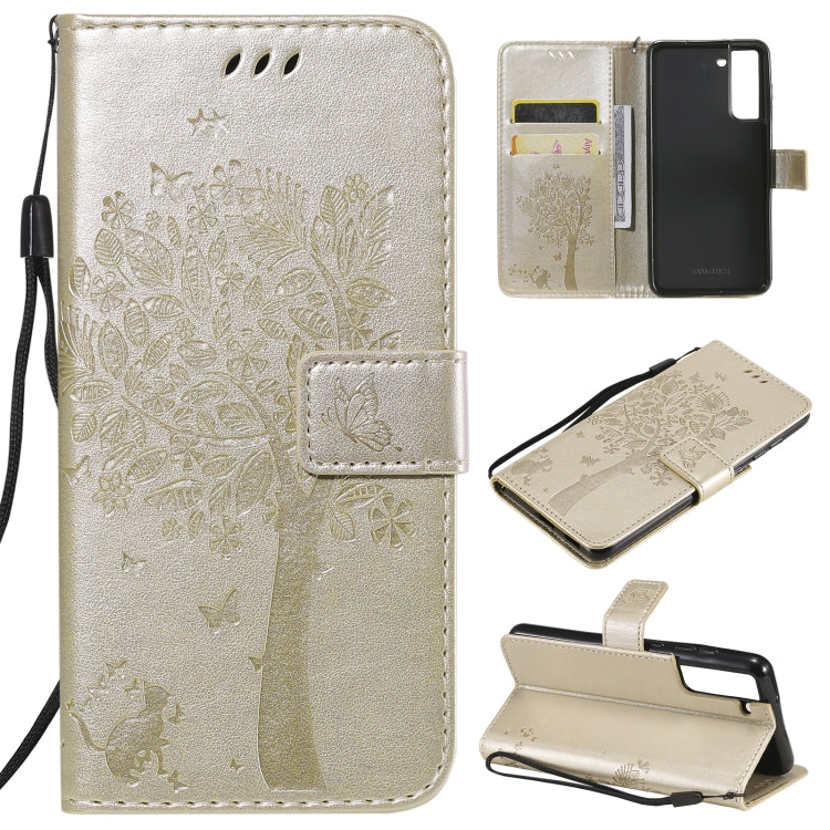 Cream PU leather flip phone wallet case with card slots, lanyard, tree & cat print