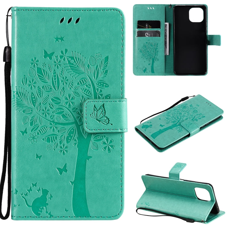 Turquoise PU leather flip phone wallet case with card slots, lanyard, tree & cat print