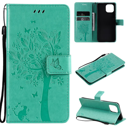 Turquoise PU leather flip phone wallet case with card slots, lanyard, tree & cat print