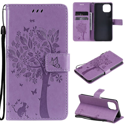 Lavender PU leather flip phone wallet case with card slots, lanyard, tree & cat print