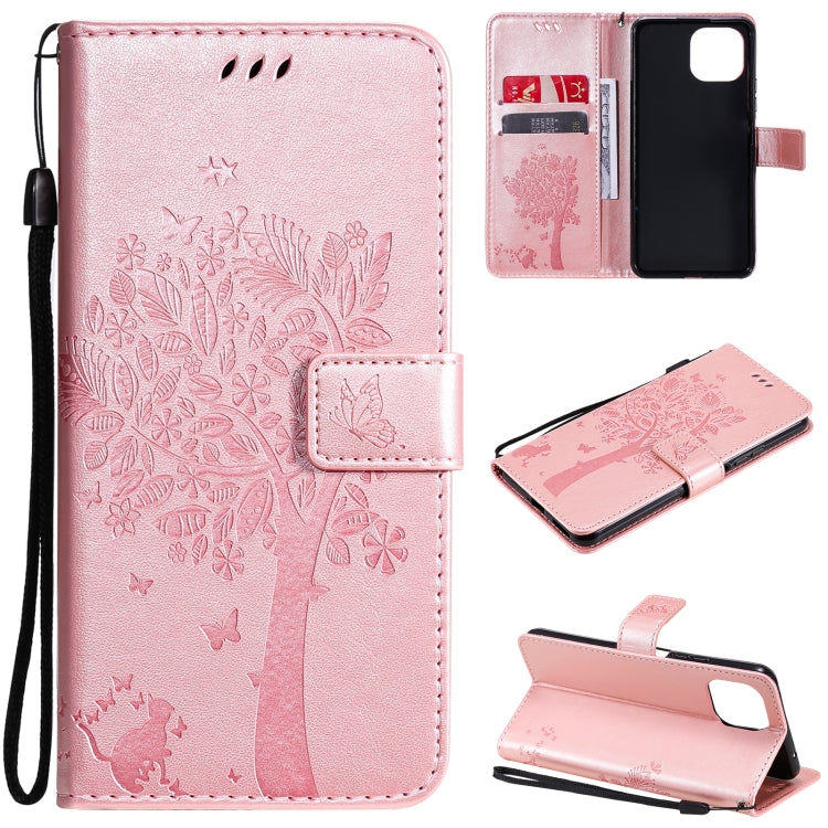 Light pink PU leather flip phone wallet case with card slots, lanyard, tree & cat print