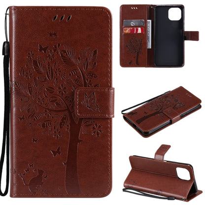 Brown PU leather flip phone wallet case with card slots, lanyard, tree & cat print