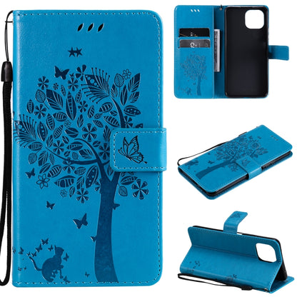 Blue PU leather phone wallet case with tree-and-cat pressed pattern, card slots, flip cover