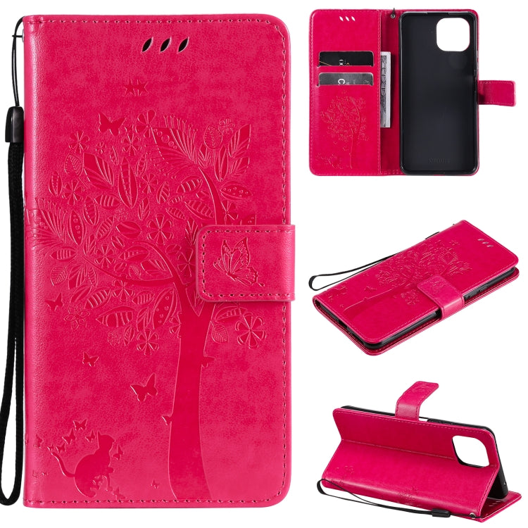 Pink PU leather phone wallet case with tree-and-cat pressed pattern, card slots, flip cover