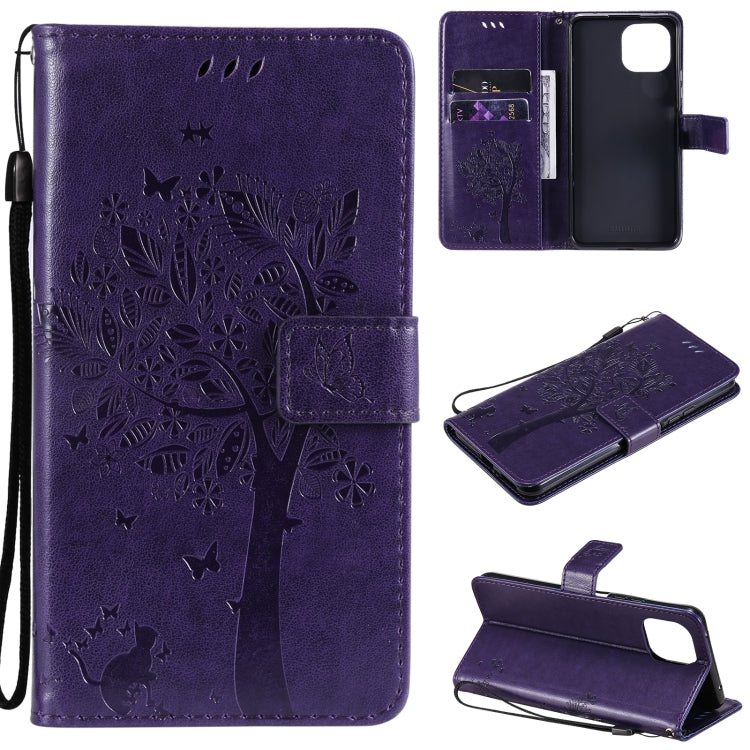 Purple PU leather phone wallet case with tree-and-cat pressed pattern, card slots, flip cover
