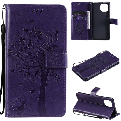 Purple PU leather phone wallet case with tree-and-cat pressed pattern, card slots, flip cover