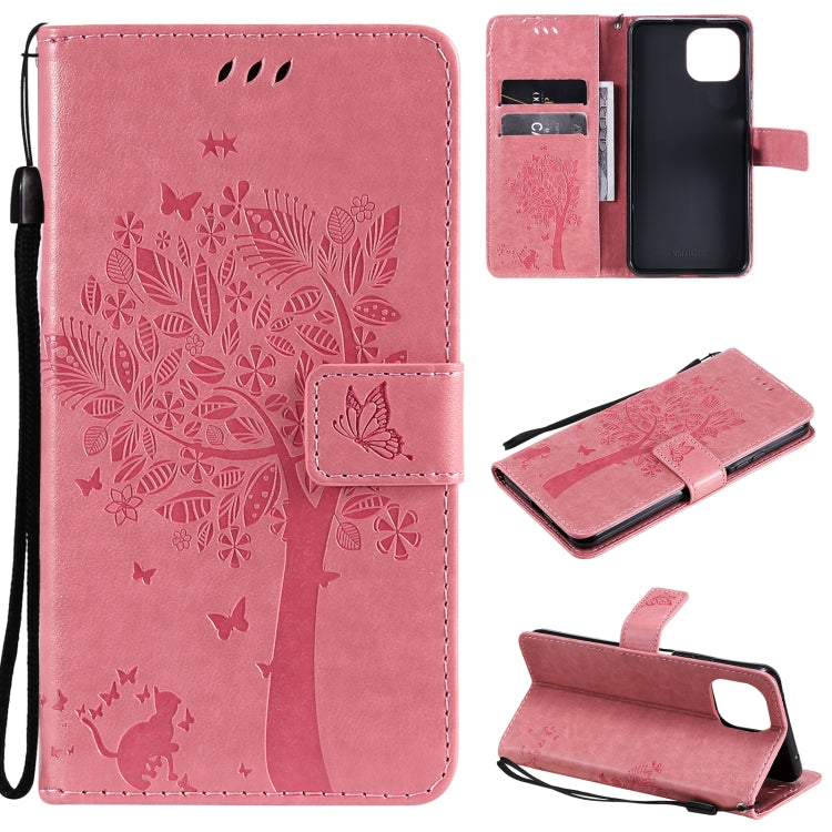 Light pink PU leather phone wallet case with tree-and-cat pressed pattern, card slots, flip cover