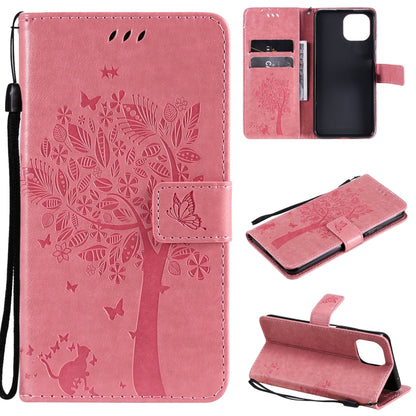 Light pink PU leather phone wallet case with tree-and-cat pressed pattern, card slots, flip cover