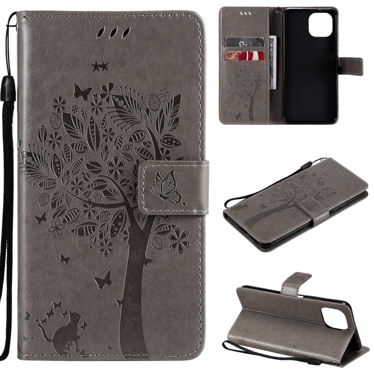 Gray PU leather phone wallet case with tree-and-cat pressed pattern, card slots, flip cover