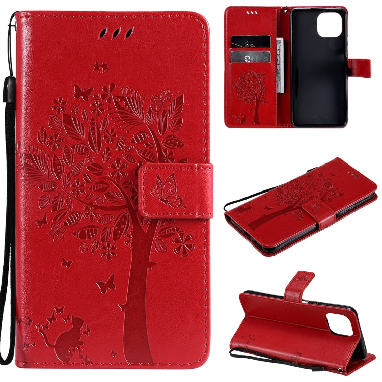 Red PU leather phone wallet case with tree-and-cat pressed pattern, card slots, flip cover