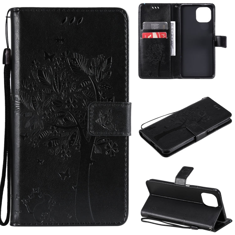 Black PU leather phone wallet case with tree-and-cat pressed pattern, card slots, flip cover