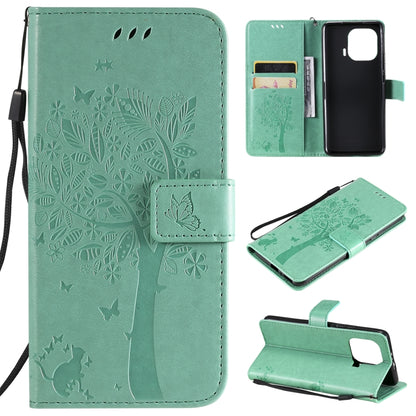 Green PU leather phone wallet case with tree-and-cat pressed pattern, card slots, flip cover