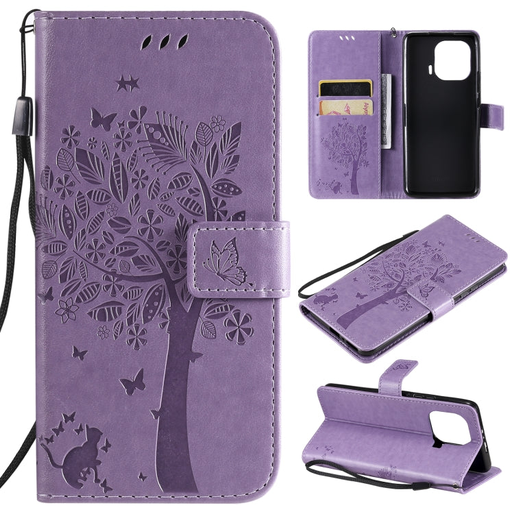 Lavender PU leather phone wallet case with tree-and-cat pressed pattern, card slots, flip cover