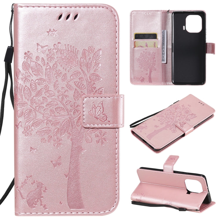 Pink PU leather phone case wallet, tree & cat embossed flip cover with card slots