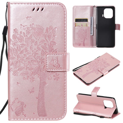 Pink PU leather phone case wallet, tree & cat embossed flip cover with card slots