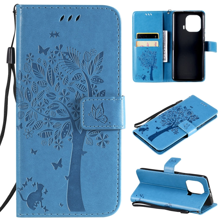 Blue PU leather phone case wallet, tree & cat embossed flip cover with card slots