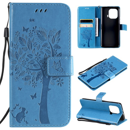 Blue PU leather phone case wallet, tree & cat embossed flip cover with card slots