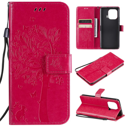 Red PU leather phone case wallet, tree & cat embossed flip cover with card slots