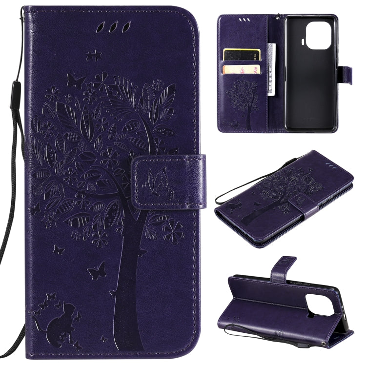 Navy PU leather phone case wallet, tree & cat embossed flip cover with card slots